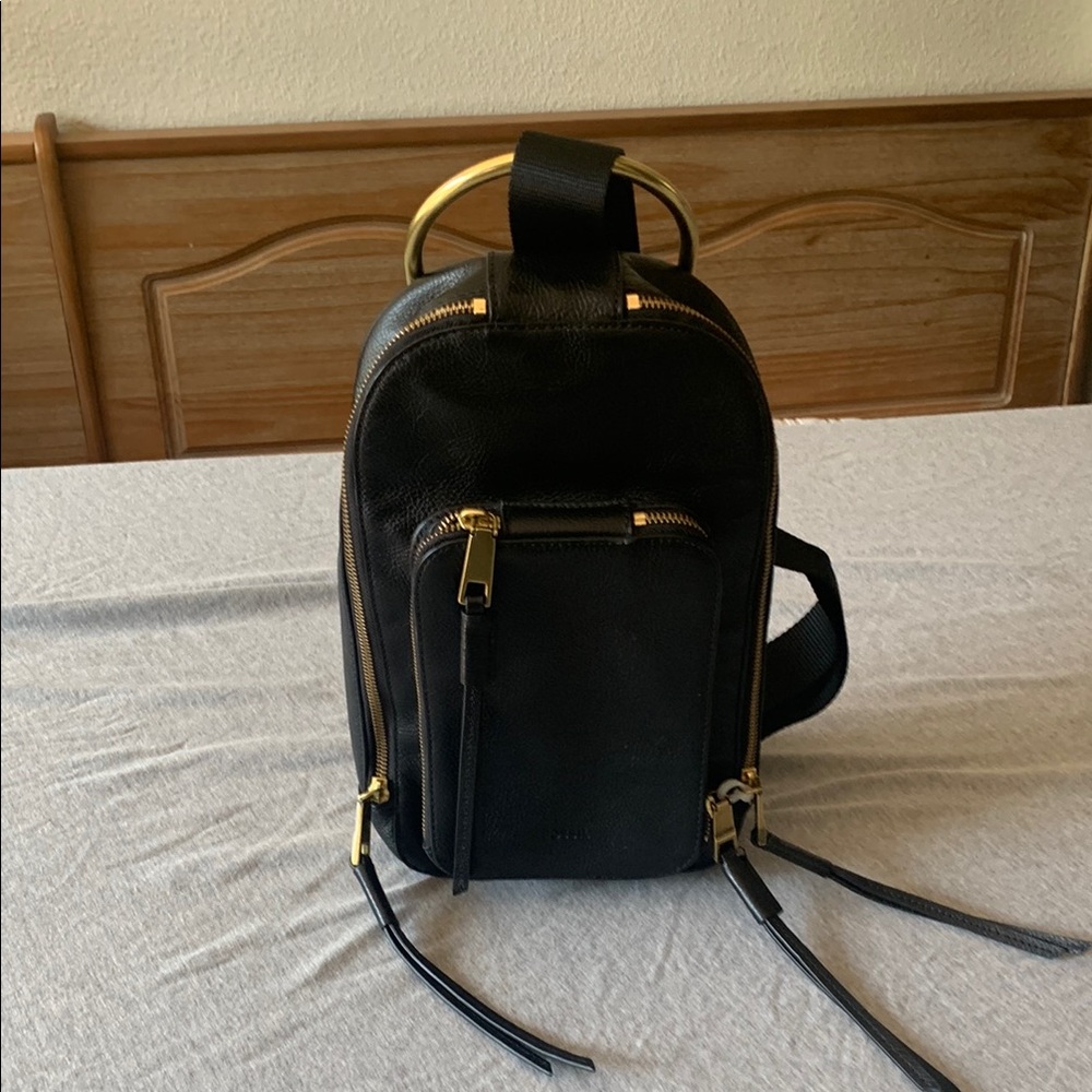 Fossil Black Leather sling/ Backpack with Gold Accents